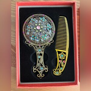 Handmade Vintage Floral Hand Mirror and Comb Set from India - New, never used